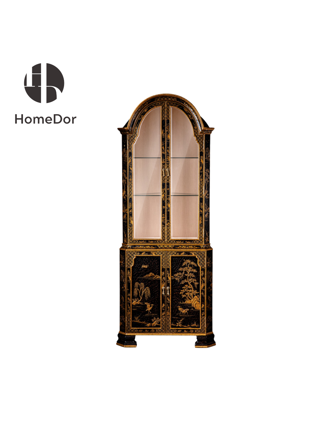 HomeDor × FH&Home | French-Asian Style Arched Glass Display Cabinet with Gold Nature-Inspired Pattern and Crackle Finish