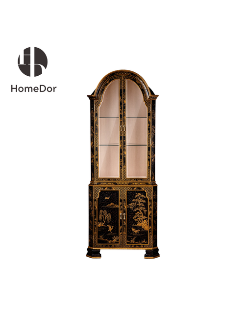 HomeDor × FH&Home | French-Asian Style Arched Glass Display Cabinet with Gold Nature-Inspired Pattern and Crackle Finish