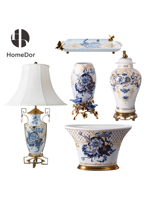 HomeDor Chinoiserie Blue and White Peony Gilded Decor Set II