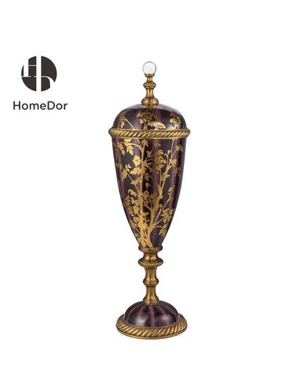 Black and Gold Floral Porcelain with Brass Accents Decor Set