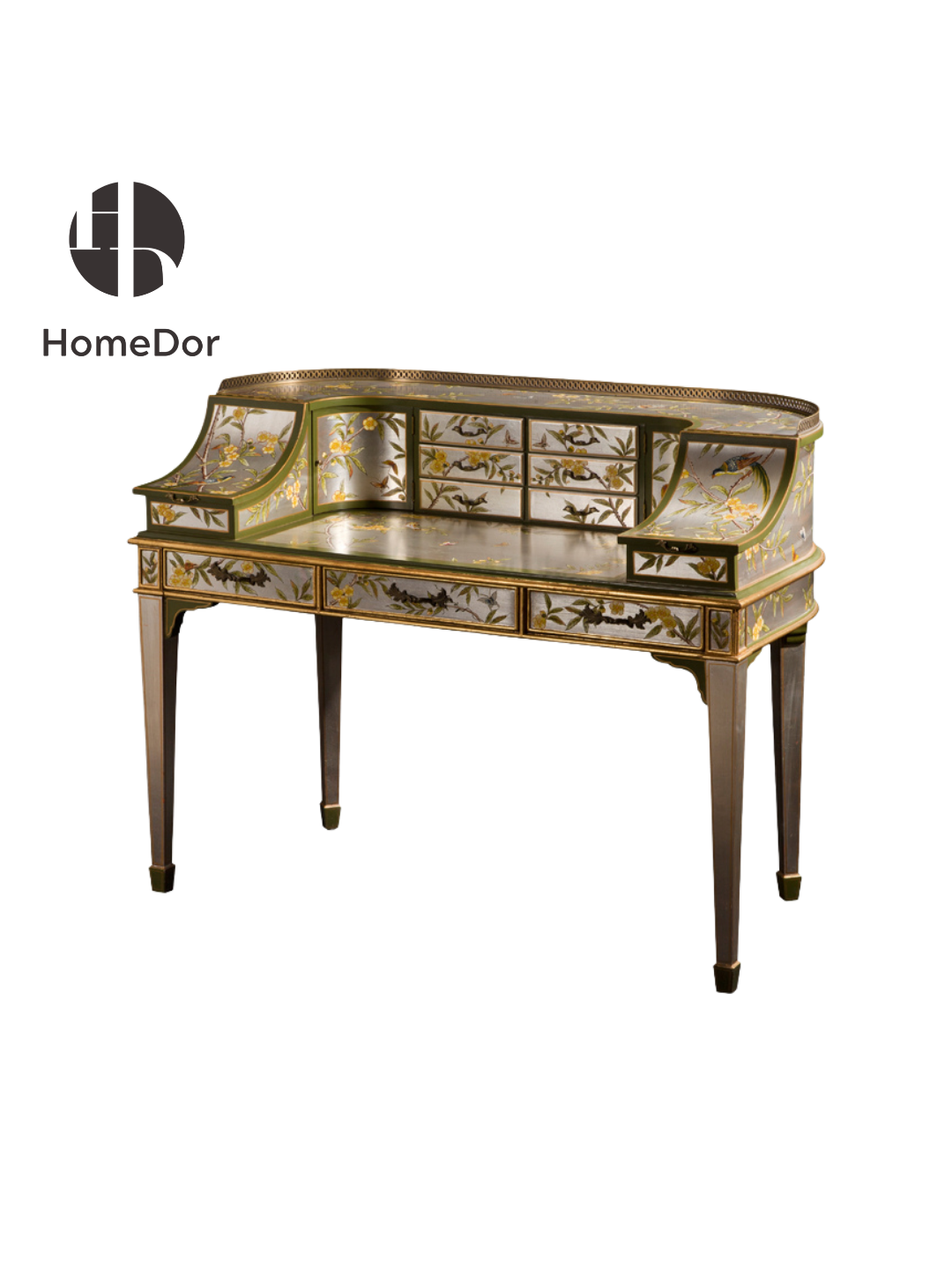 HomeDor × FH&Home | Vintage Luxury Chinoiserie Silver & Gold Painted Secretary Desk