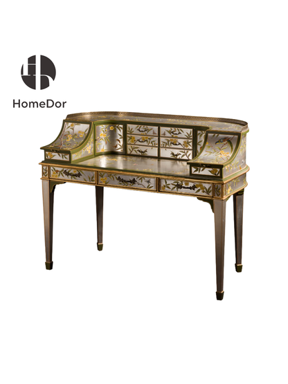 HomeDor × FH&Home | Vintage Luxury Chinoiserie Silver & Gold Painted Secretary Desk