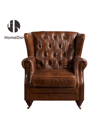 Vintage Oil Waxed Genuine Leather Wingback Armchair
