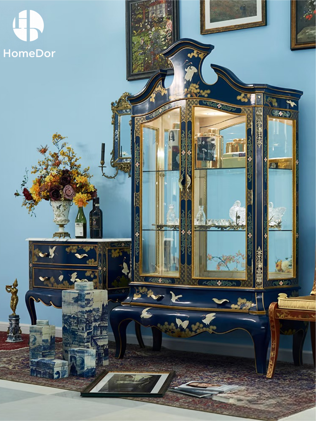 HomeDor × FH&Home | Luxury Chinoiserie Hand-Painted Crane & Pine Display Liquor Cabinet
