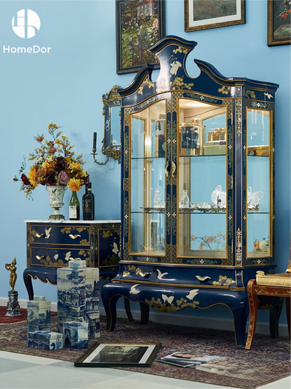 HomeDor × FH&Home | Luxury Chinoiserie Hand-Painted Crane & Pine Display Liquor Cabinet