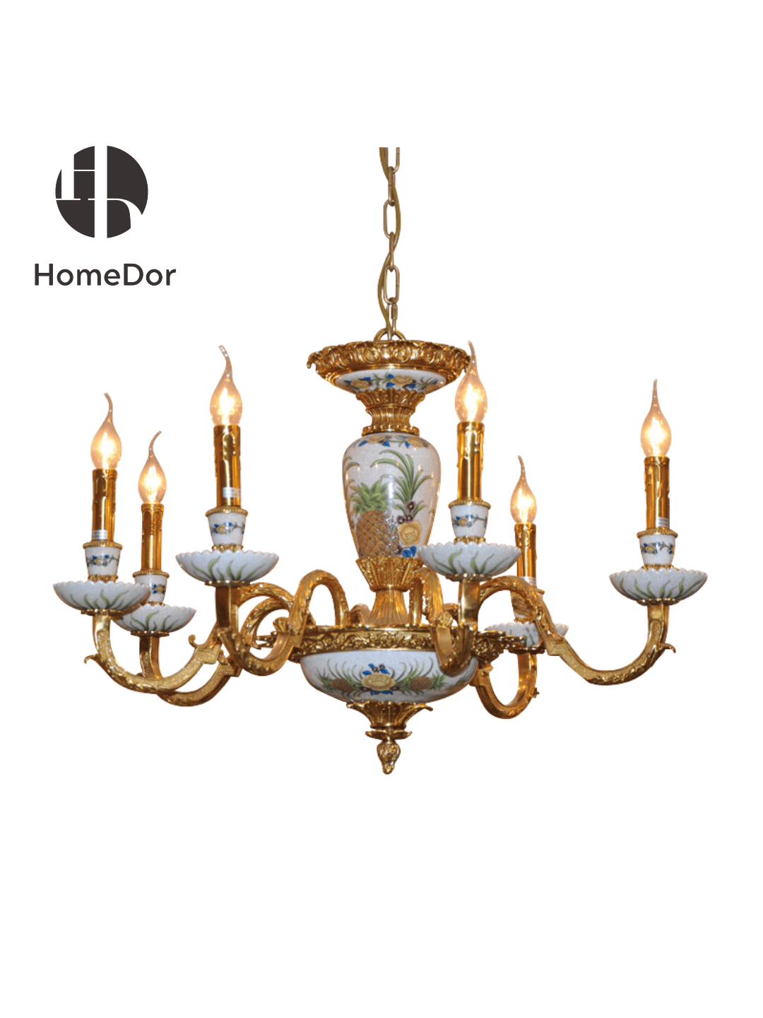HomeDor HomeDor × FH&Home | Ornate Brass Chandelier Featuring Hand-Painted Pineapples and Flowers-Chandeliers-D70cm × H50cm-Warm Light-