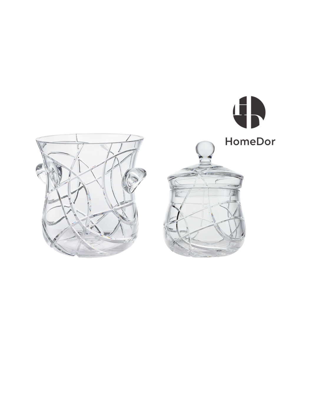 HomeDor Exquisite Crystal Ice Bucket & Jar Collection with Crackle Line Motifs-Ice Bucket/ L26cm × W26cm × H25cm-