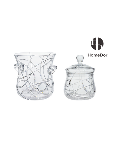 HomeDor Exquisite Crystal Ice Bucket & Jar Collection with Crackle Line Motifs-Ice Bucket/ L26cm × W26cm × H25cm-