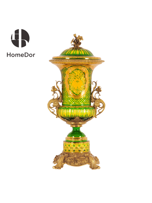 HomeDor × FH&Home | Aurora Glass Lime Green Etched Floral Lidded Urn