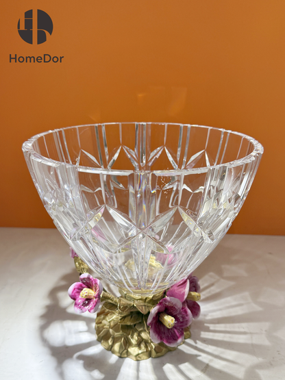 HomeDor HomeDor × FH&Home | Prague Collection Exquisite Floral-inspired Crystal Glass Fruit Platter-L23cm × W23cm × H23cm-