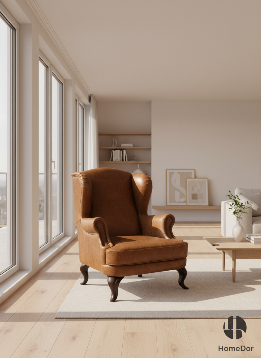 Luxury Classic Brown Leather Wingback Chair in living room