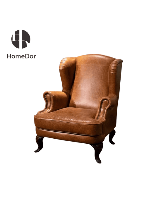 Luxury Classic Brown Leather Designer Wingback Sofa Chair