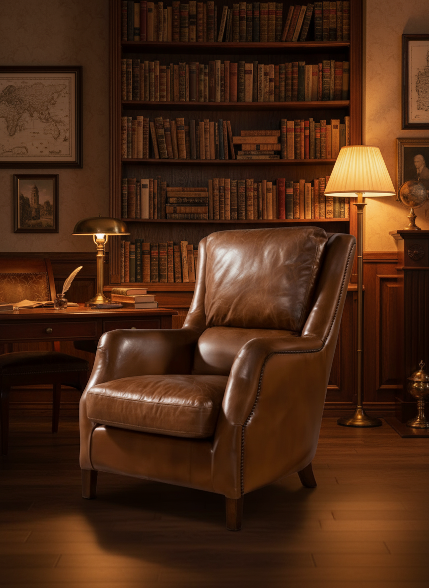 Vintage Luxury Brown Leather High Back Armchair in Study room