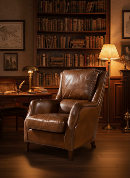 Vintage Luxury Brown Leather High Back Armchair in Study room