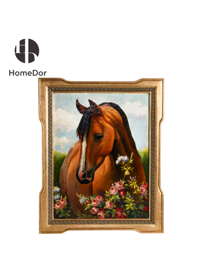 HomeDor Hand-Painted Horse Portrait Wall Art with Copper Lace Accents