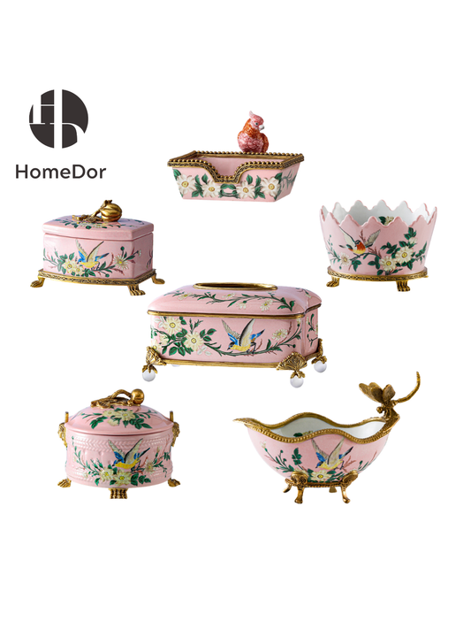 HomeDor Elegant Rococo Pink Hand-Painted Bird & Flower Porcelain Decor Set