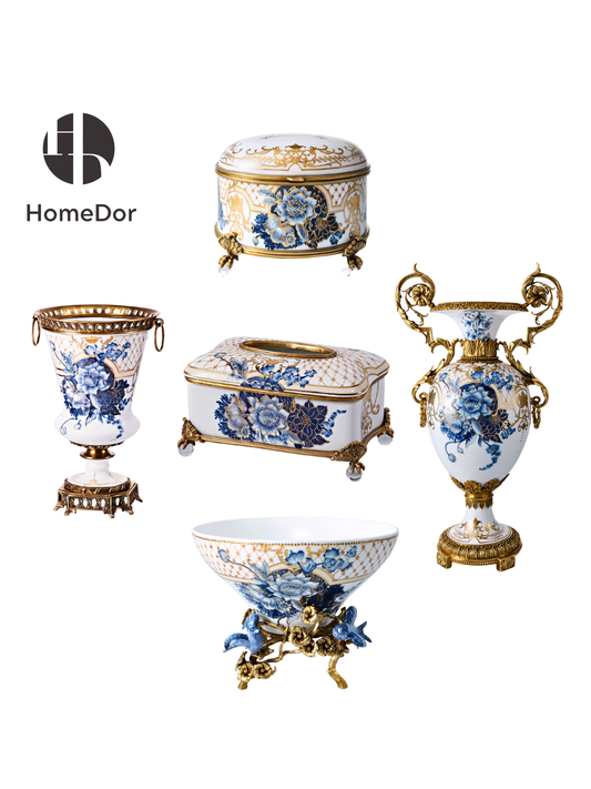 HomeDor Chinoiserie Blue and White Peony Gilded Decor Set I