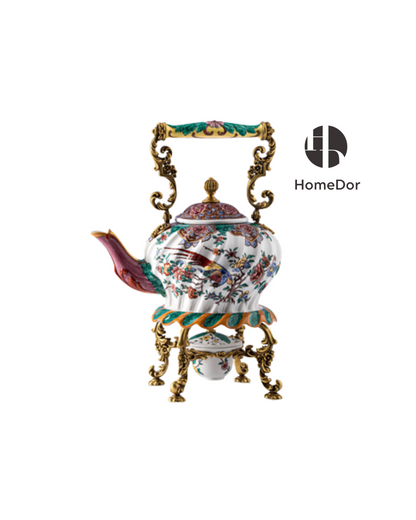HomeDor HomeDor × FH&Home | Hand-Painted Floral Bird Ceramic Tea Set with Brass Accents-Teapot/L24cm × W17cm × H34cm-
