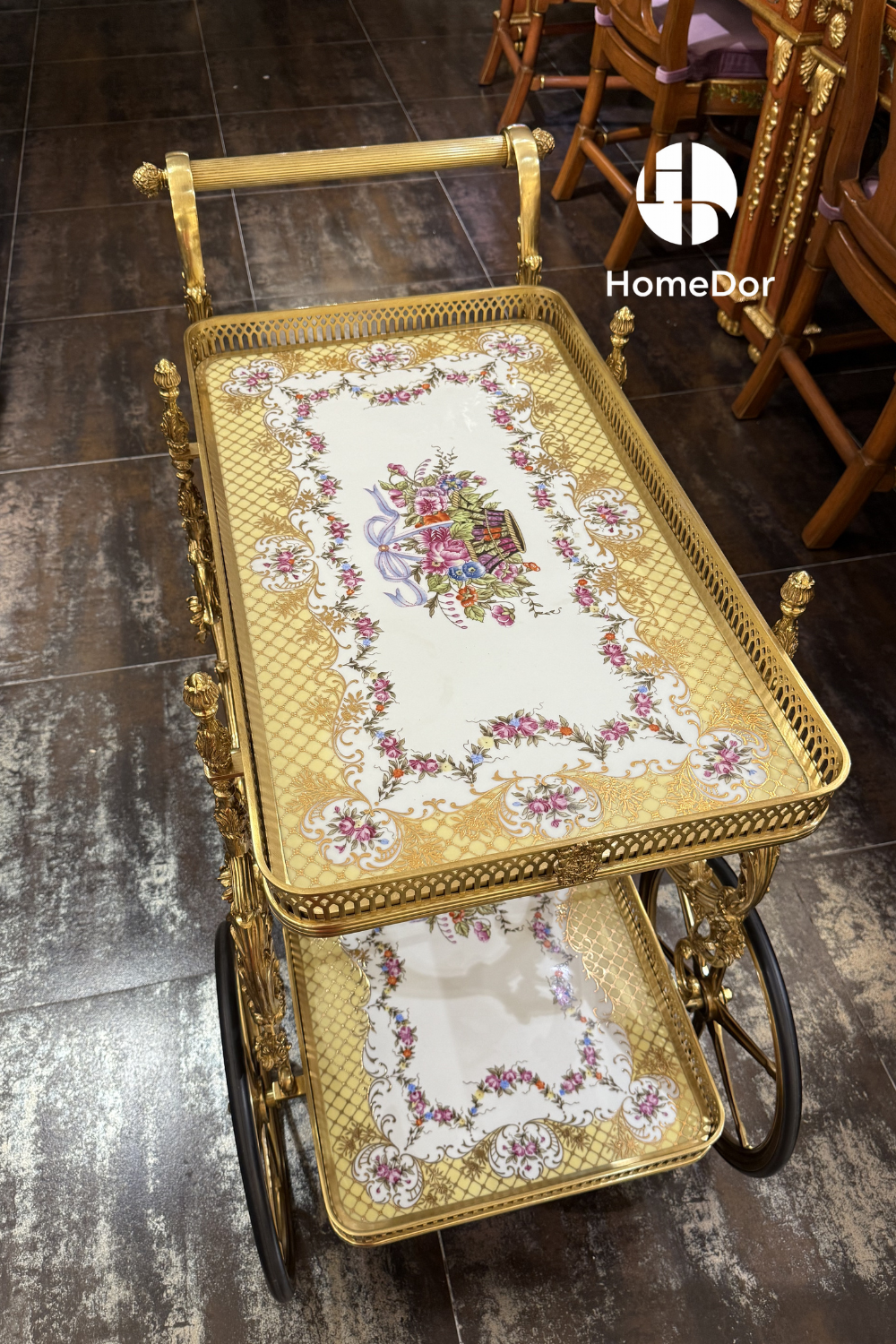 HomeDor × FH&Home | Luxurious Floral Ceramic-Panelled Brass Serving Trolley with Ornate Wheels