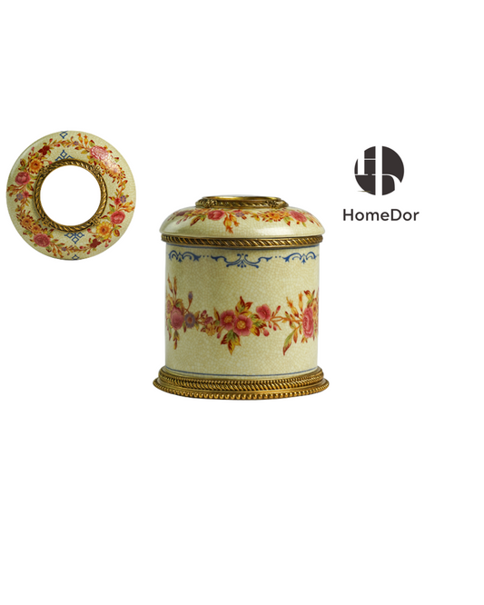 HomeDor Luxury Crackle-Glaze Ceramic Tissue Box with Hand-Painted Florals-D16cm × H18cm-