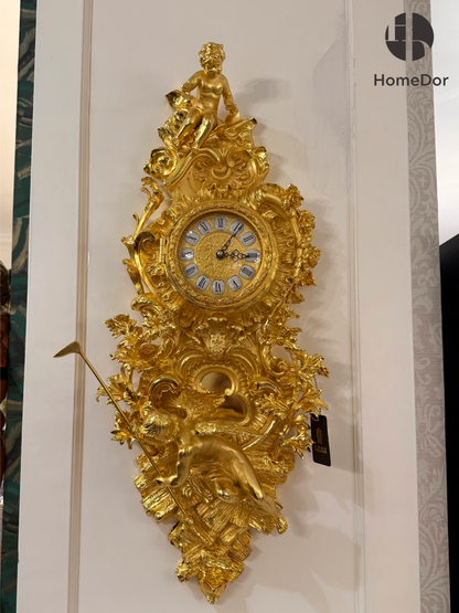 HomeDor Ornate Rococo-Inspired 24K Gold Finish Brass Wall Clock