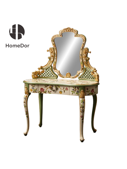 HomeDor × FH&Home | Luxury Rococo Hand-Painted Floral Dressing Table with Ornate Mirror