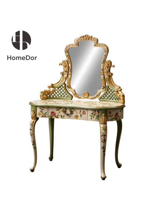 HomeDor × FH&Home | Luxury Rococo Hand-Painted Floral Dressing Table with Ornate Mirror