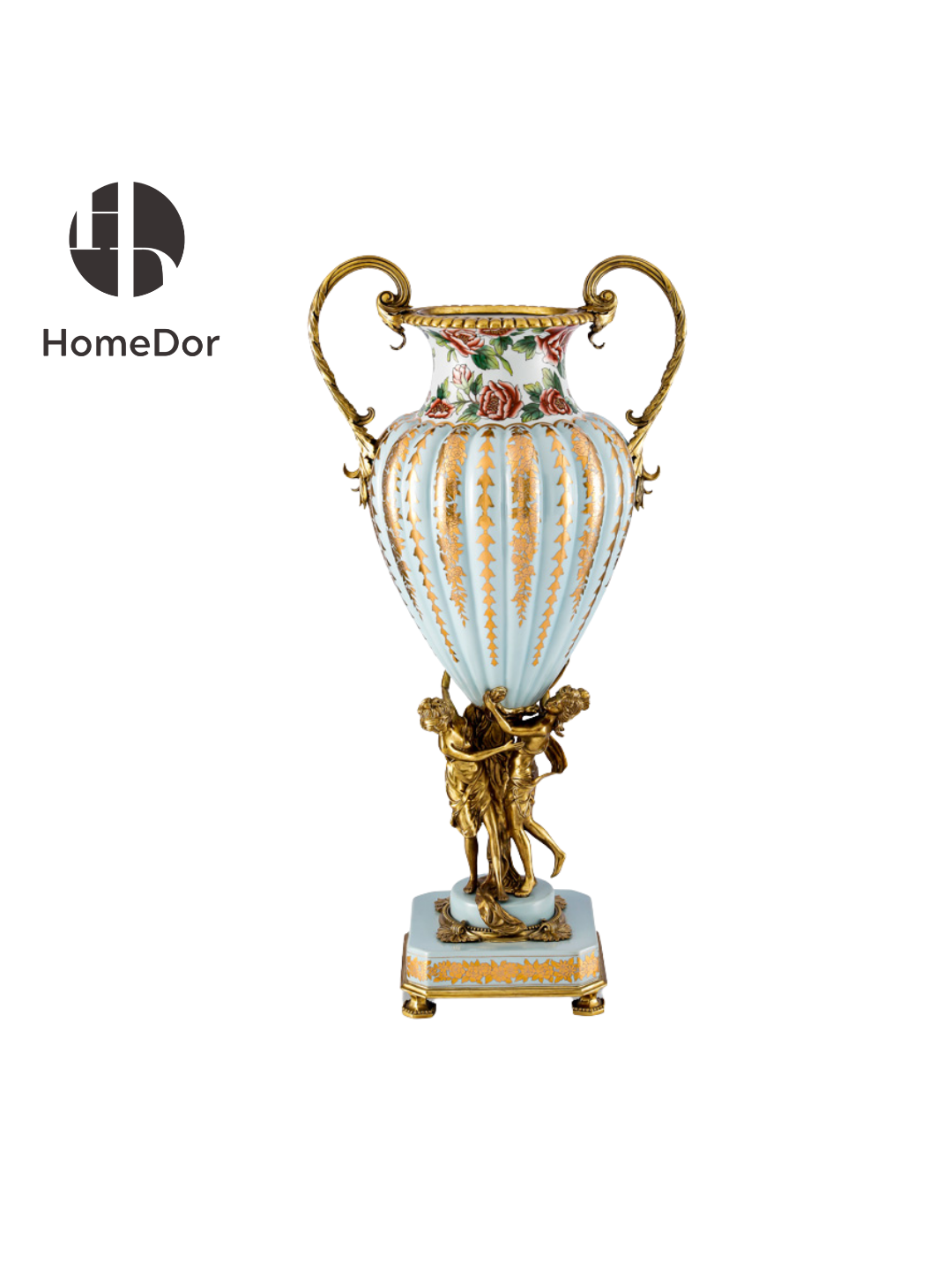 HomeDor × FH&amp;Home | Jarrón rojo real con dos asas y base de querubines de latón esculpido