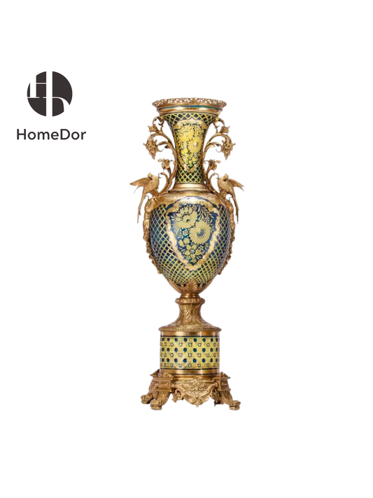 HomeDor Versailles Teal & Gold Glass Ormolu Floor Vase Set