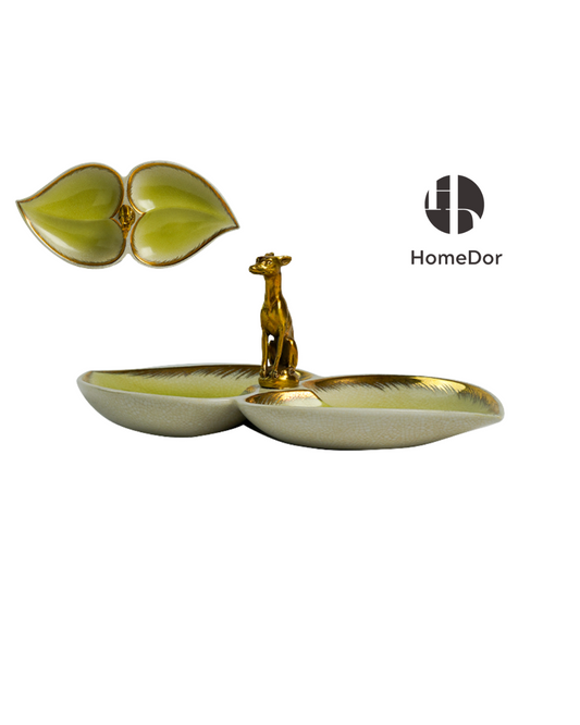 Artistic Double-Petal Fruit Platter with Brass Dog Sculpture