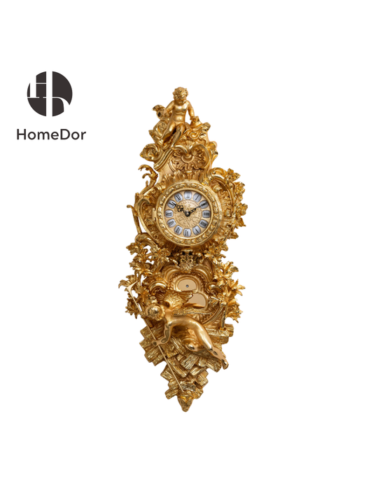 HomeDor HomeDor × FH&Home | Ornate Rococo-Inspired Brass Wall Clock with Cherub Sculptures in 24K Gold Finish-Clocks-W29 cm × D12 cm × H70 cm-