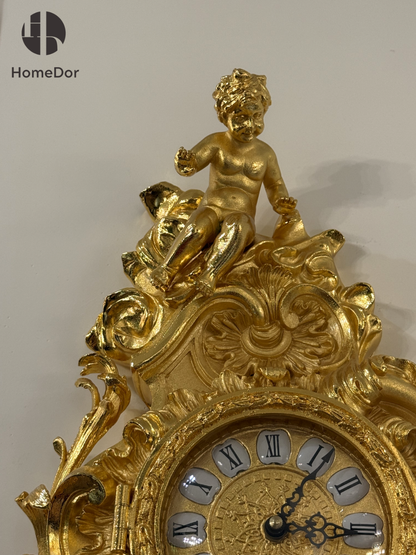 HomeDor Ornate Rococo-Inspired 24K Gold Finish Brass Wall Clock