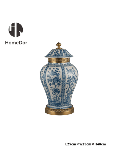 HomeDor Chinoiserie Blue and White Porcelain General Jar/Urn with Brass Details-Small: L25cm×W25cm×H48cm-
