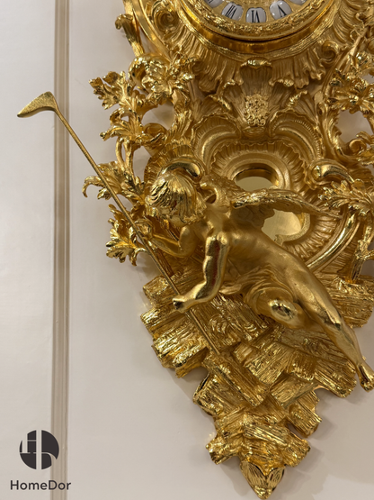 HomeDor Ornate Rococo-Inspired 24K Gold Finish Brass Wall Clock