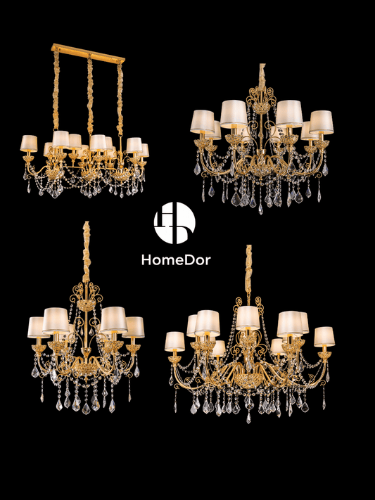 Juego de candelabros de latón de lujo HomeDor estilo rococó de 24 quilates, lámpara de cristal para comedor