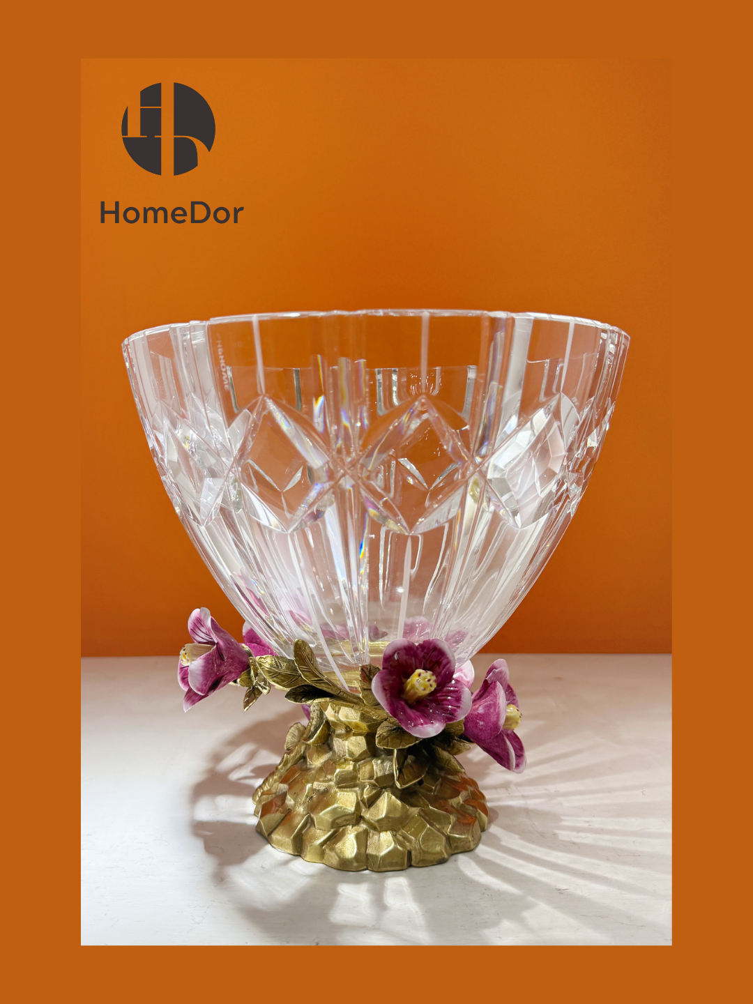 HomeDor HomeDor × FH&Home | Prague Collection Exquisite Floral-inspired Crystal Glass Fruit Platter-L23cm × W23cm × H23cm-
