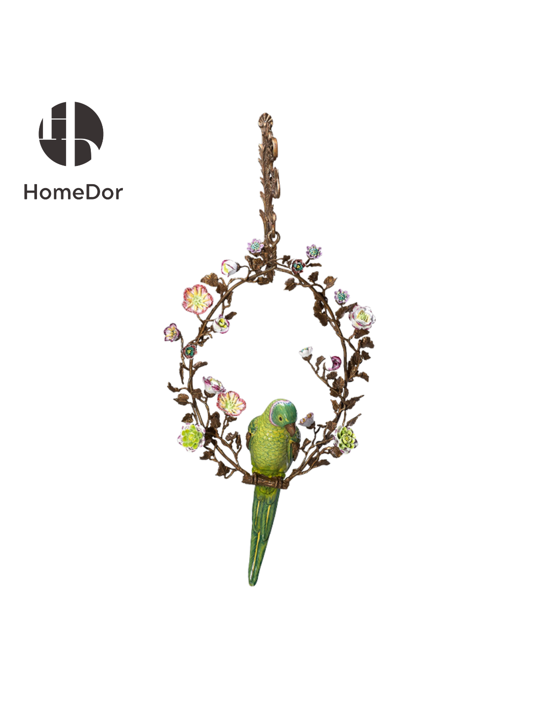 HomeDor HomeDor × FH&Home | Artistic Hanging Wall Decor of Parrot Perched on Floral Hoop-Wall Decor-Left Single/L34cm × W16cm × H74cm-