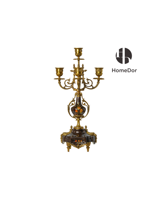 HomeDor Vintage Brass 5-Arm Candelabra with Floral Accents-L21cm × W21cm × H43cm-