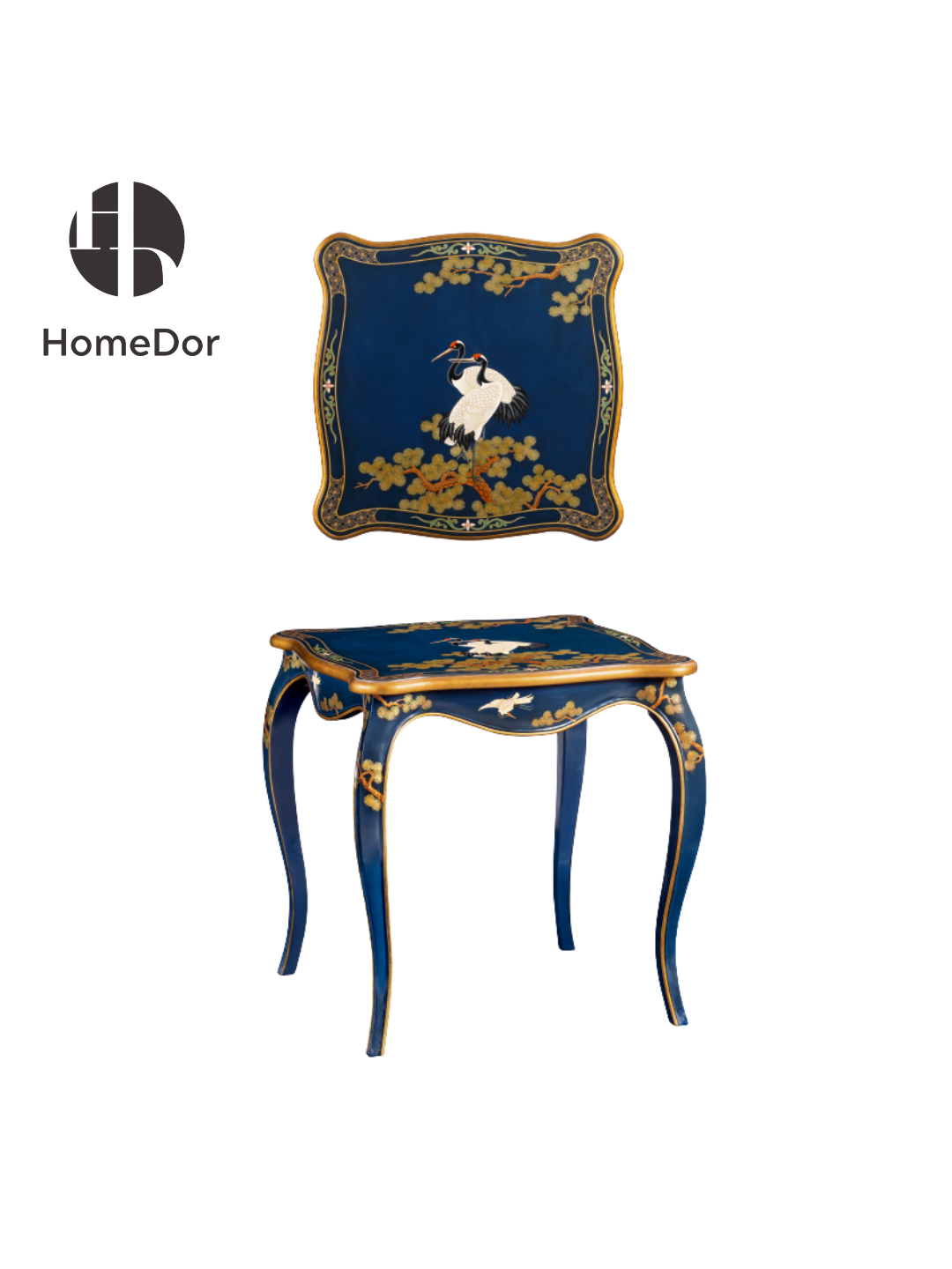HomeDor × FH&Home | Luxury Chinoiserie Hand-Painted Crane & Pine End Table