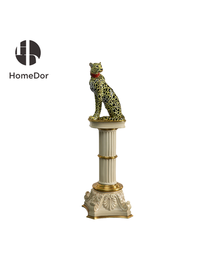 HomeDor HomeDor × FH&Home | Classic European-Style Corinthian Cheetah Sculpture with Gold Pedestal-Sculpture-Right One: L52cm × W50cm × H160cm-