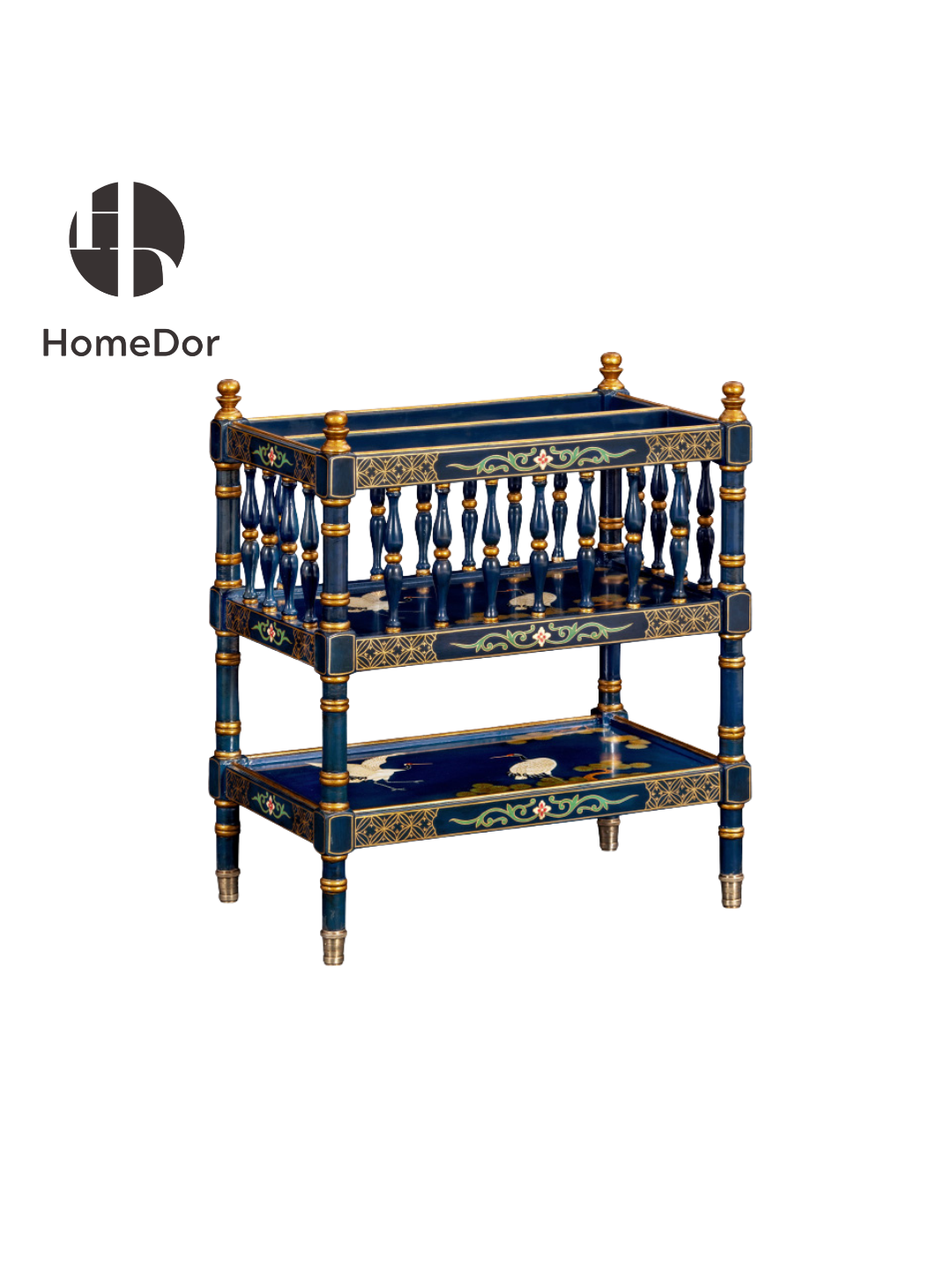 HomeDor × FH&Home | Luxury Chinoiserie Hand-Painted Crane Pine Magazine Rack Shelf