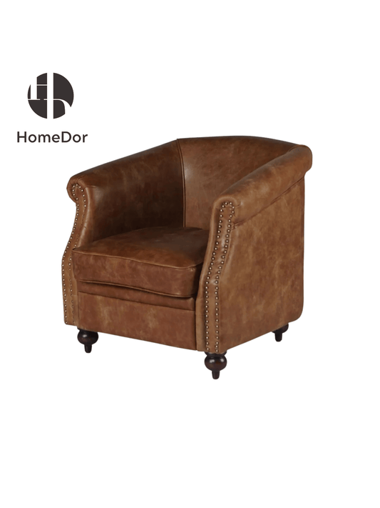 Vintage Brown Top Grain Leather Barrel Armchair with Nailhead Trim