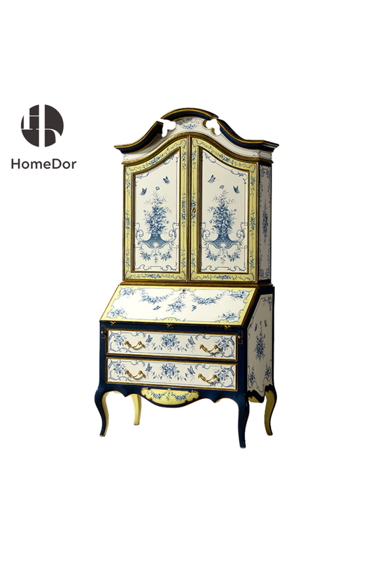 HomeDor × FH&Home | Sophisticated Blue-White Floral Secretary Bookcase with Gold Detailing