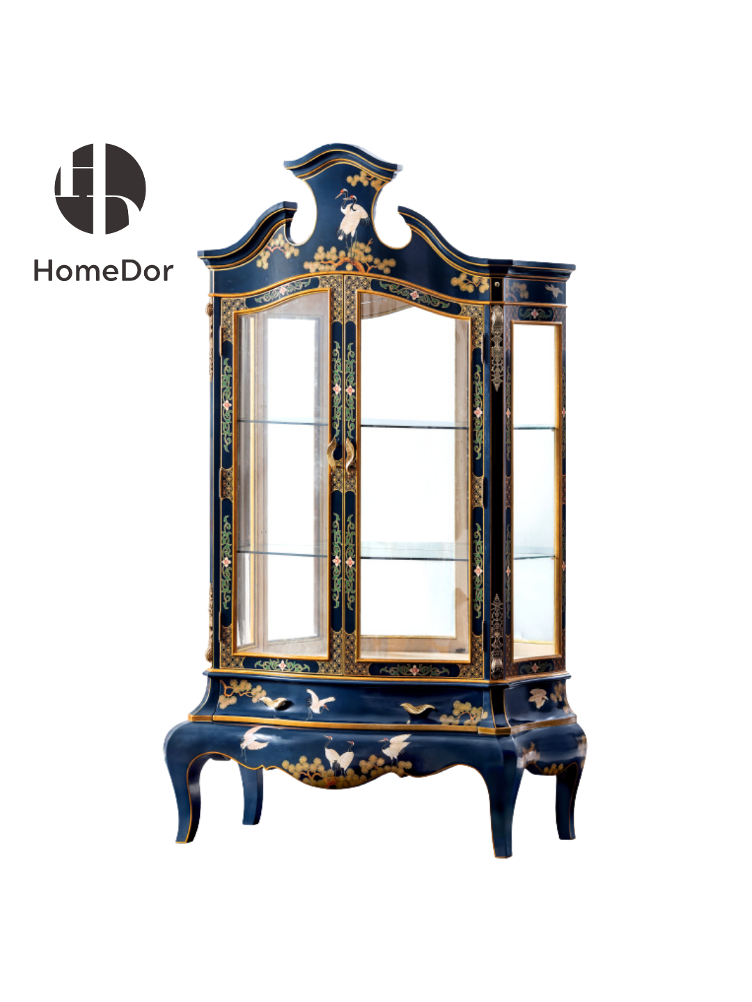 HomeDor × FH&Home | Luxury Chinoiserie Hand-Painted Crane & Pine Display Liquor Cabinet