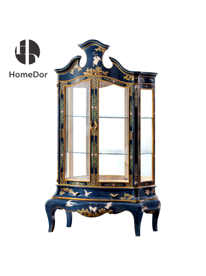 HomeDor × FH&Home | Luxury Chinoiserie Hand-Painted Crane & Pine Display Liquor Cabinet