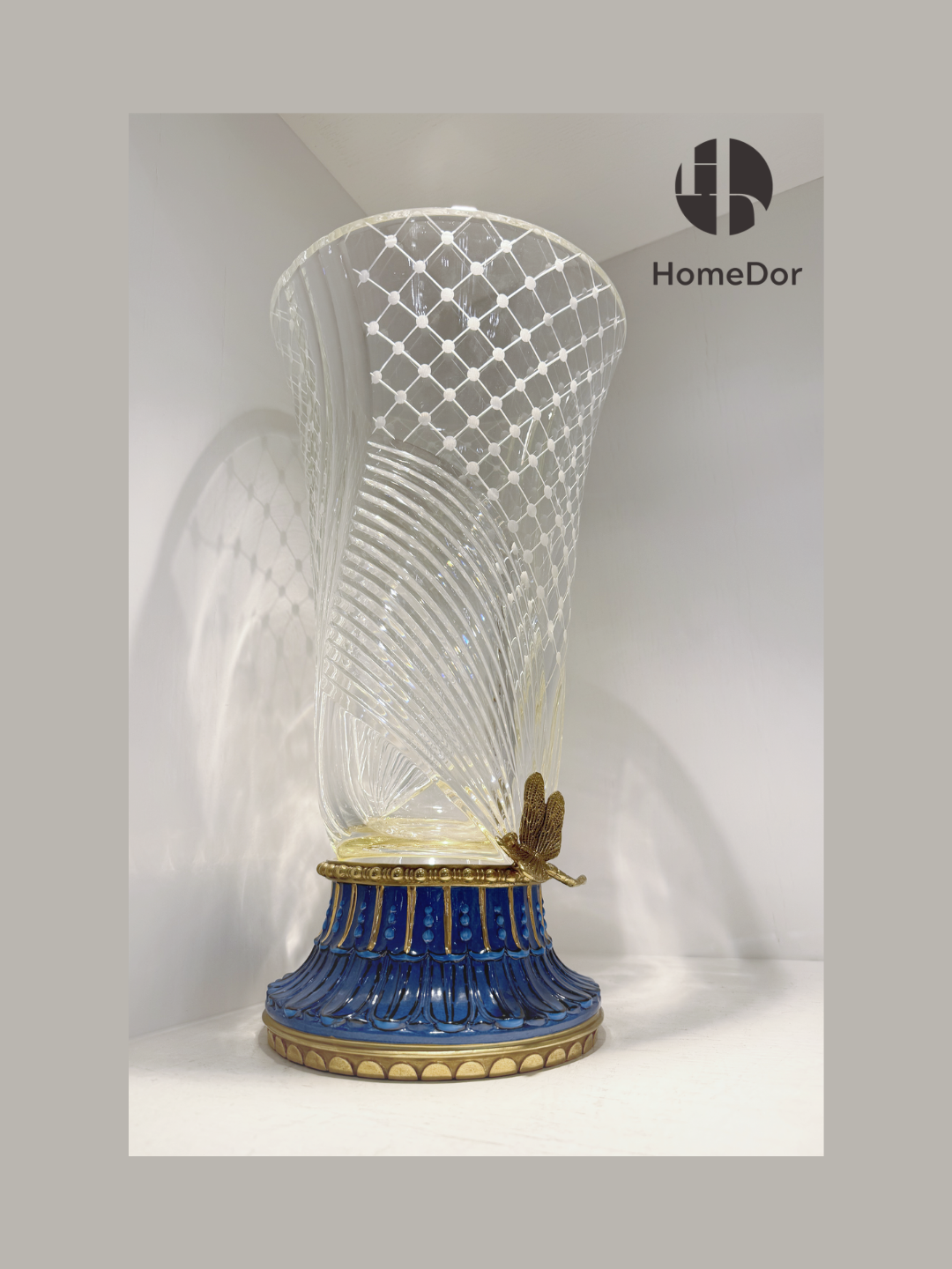 HomeDor HomeDor × FH&Home | Prague Collection Luxury Geometric-cut Crystal Vase with Blue Porcelain Accents and Gilded Details-Vases & Vessels-L26cm × W26cm × H47cm-