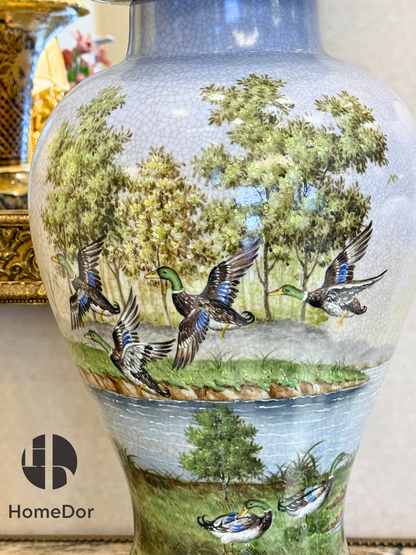 Juego de jarrón y jarra de porcelana con diseño de pato salvaje pintado al óleo HomeDor