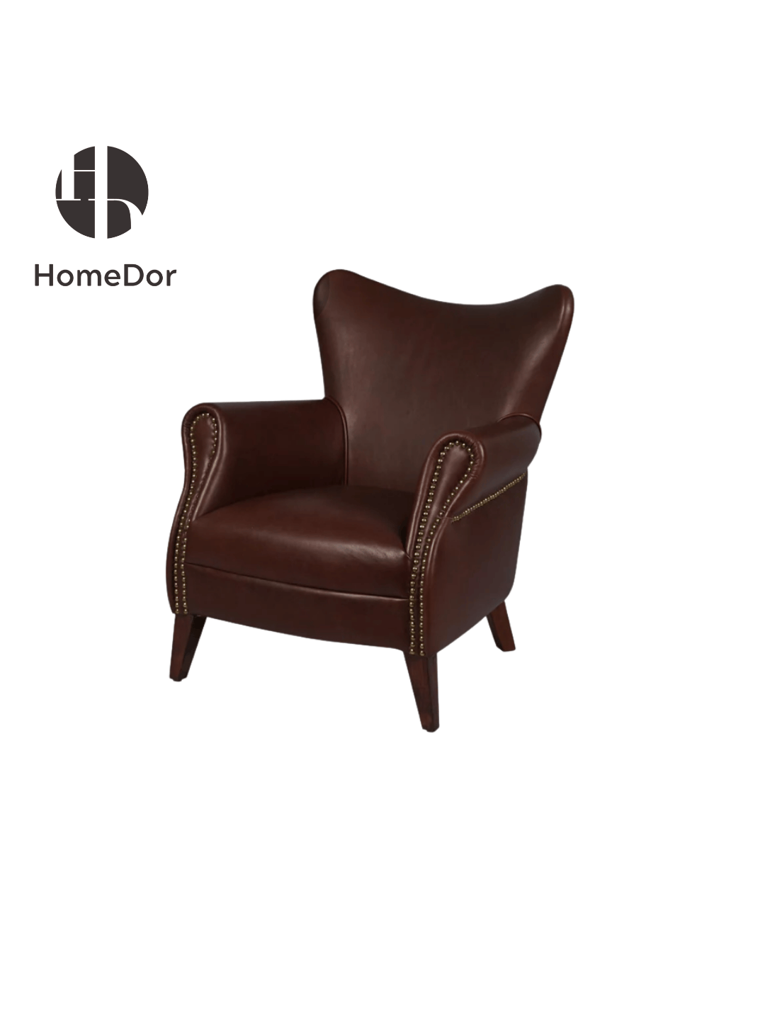 Retro Brown Genuine Leather Wing  Shape Lounge Chair with Stud Detailing