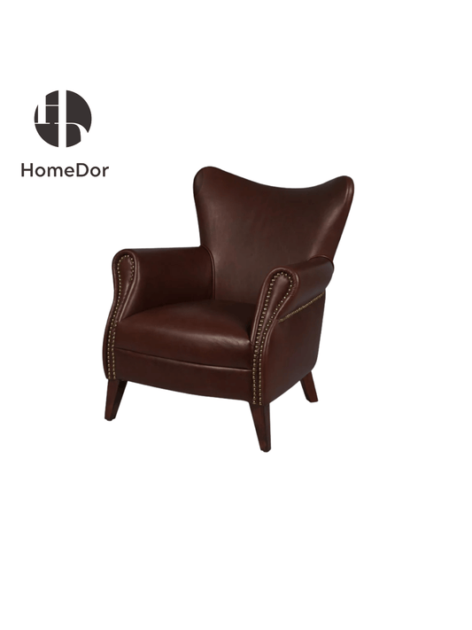 Retro Brown Genuine Leather Wing  Shape Lounge Chair with Stud Detailing