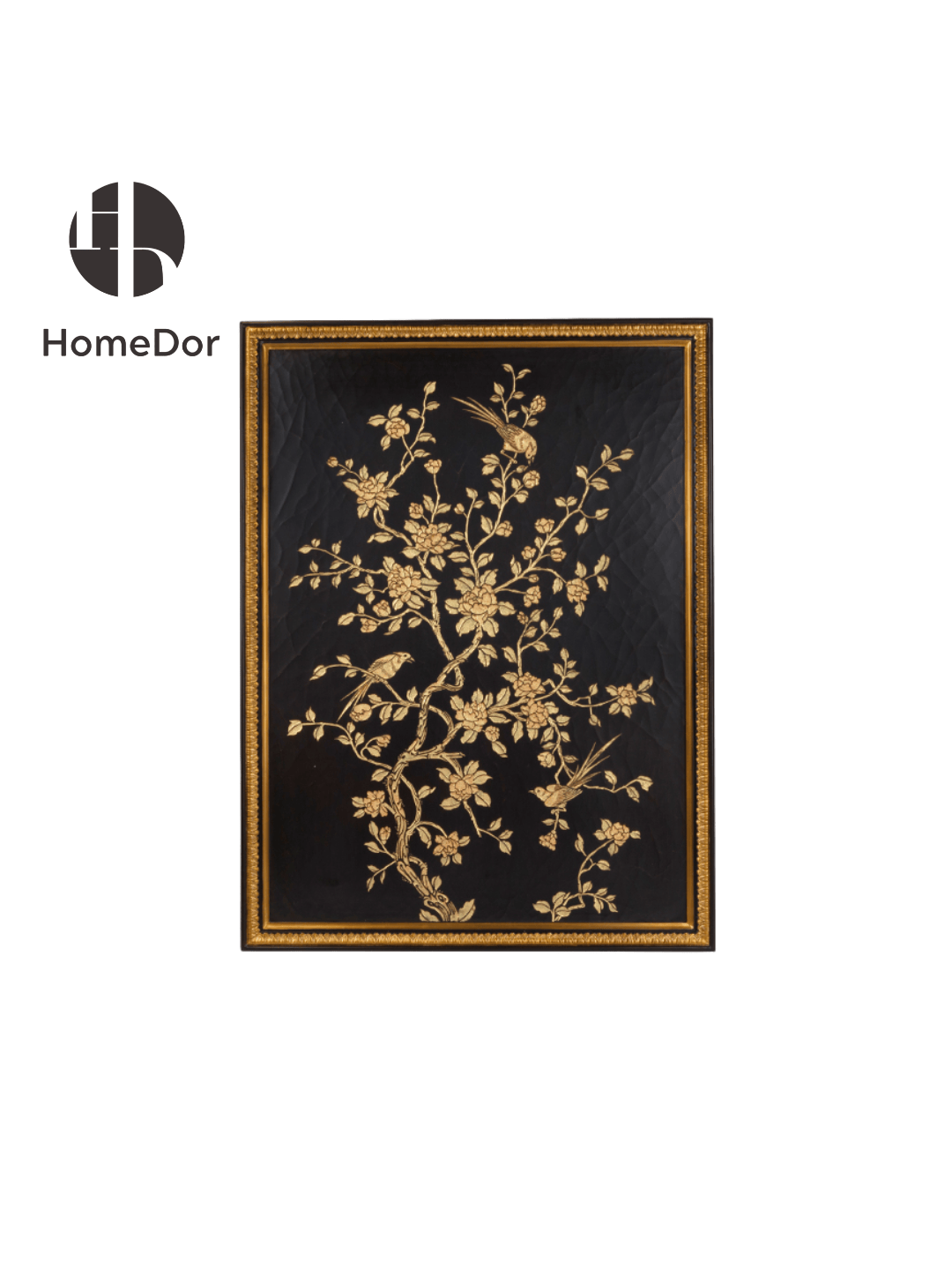 HomeDor Elegant Black and Gold Floral & Bird Wall Decor with Ornate Frame-L91cm X H122cm-